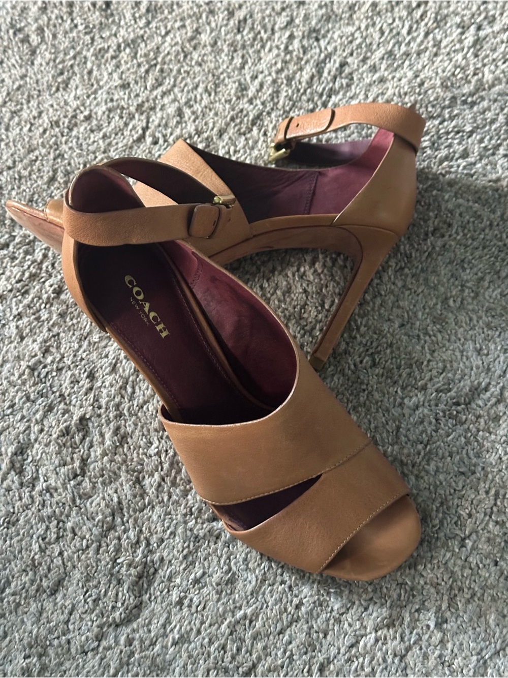 Coach Tan Leather Peep-Toe Ankle Strap Heels with Burgundy Insole
